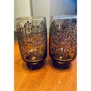 Vintage Smoked Glass Tumblers Set of 2 with Intricate Scroll Design